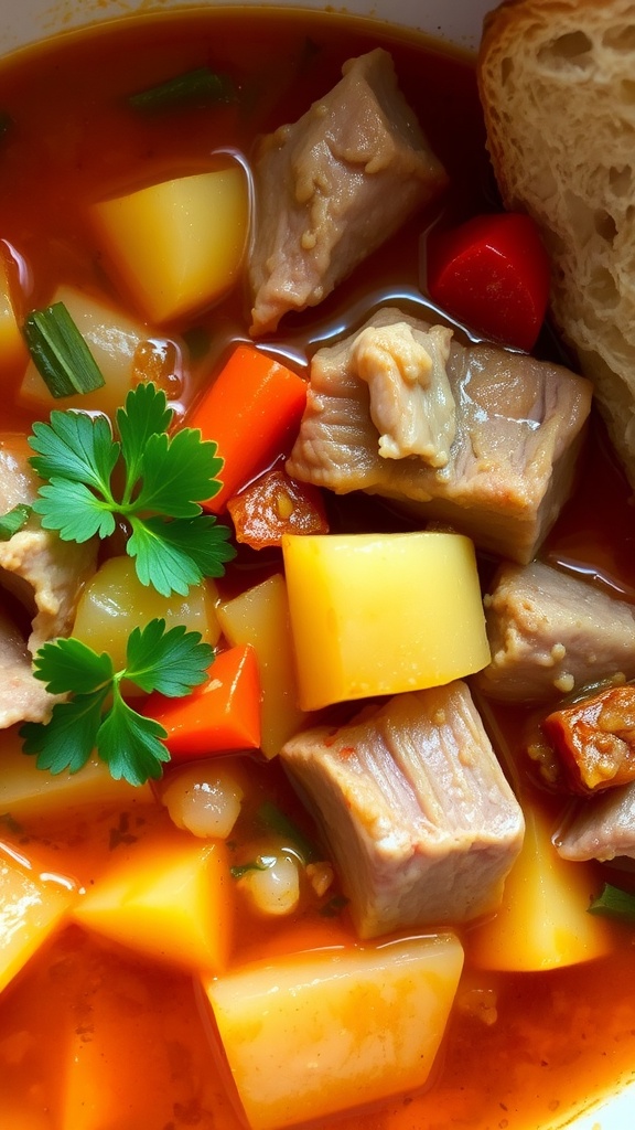 A hearty pork and potato stew with vegetables in rich broth, garnished with parsley, with a slice of bread nearby.